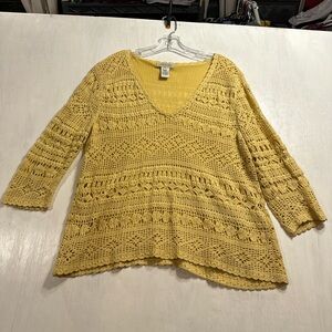 Jones New York Country Yellow Crochet Knit Linen Cotton Top XL Hand Knit Boho